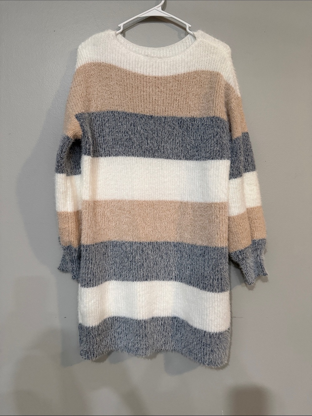 Cozy Striped Crewneck Sweater Dress - Cream, Taupe & Gray